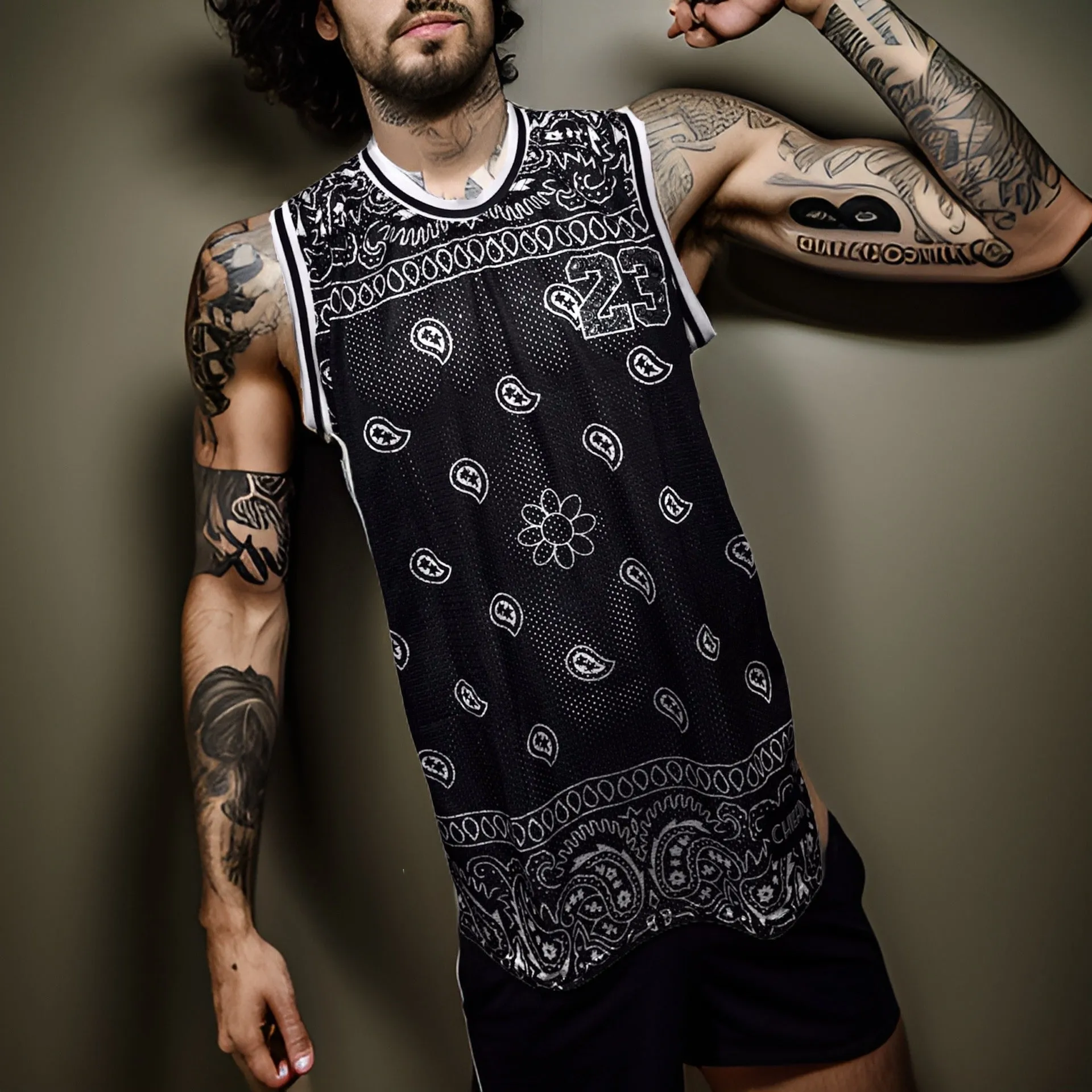 ^23^ ~BLACK BANDANA~ MESH CREWNECK BASKETBALL JERSEYS (TALL BODY)