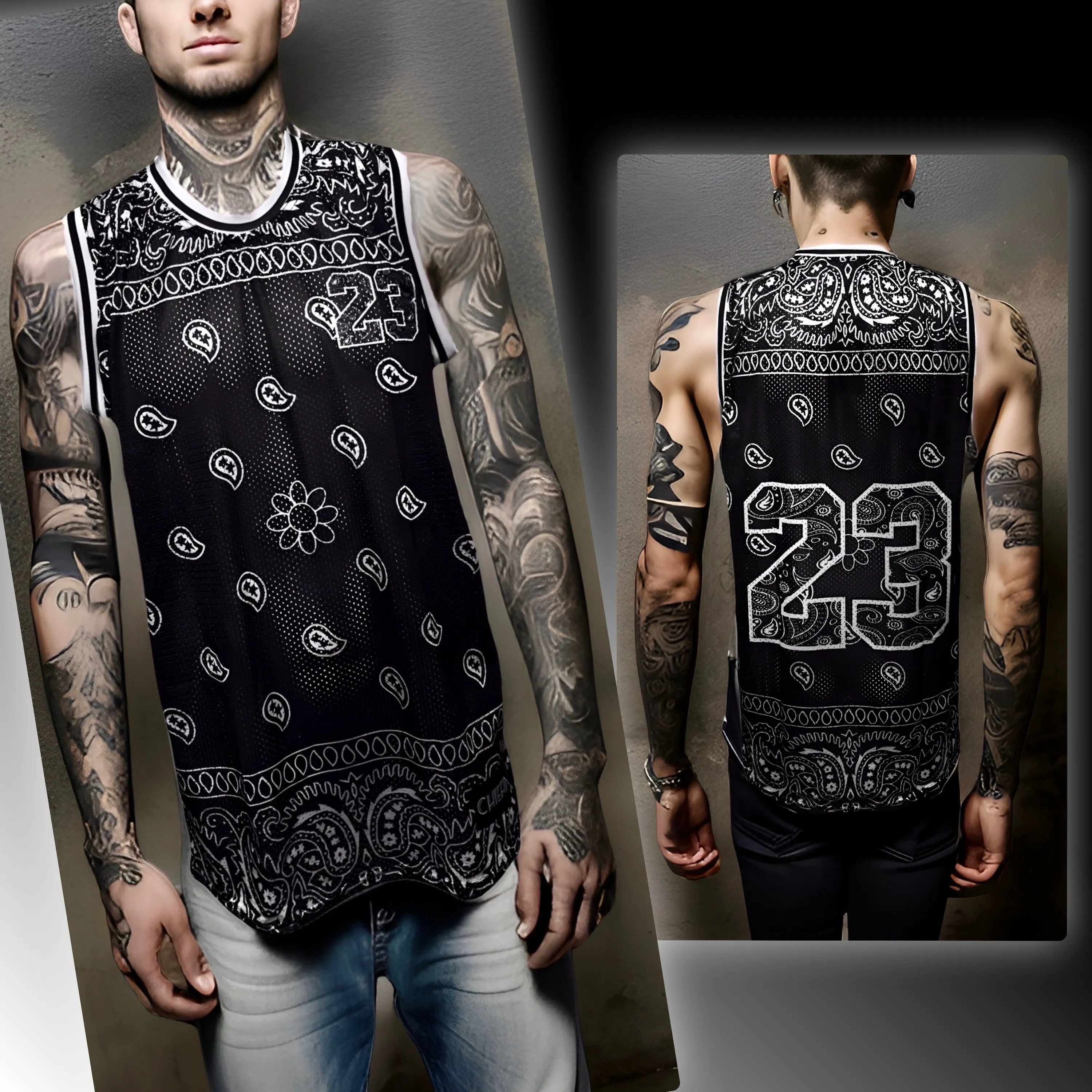 ^23^ ~BLACK BANDANA~ MESH CREWNECK BASKETBALL JERSEYS (TALL BODY)
