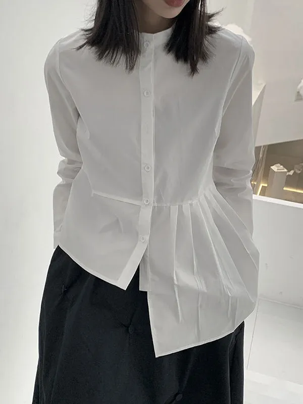 Asymmetric Buttoned Pleated Solid Color Long Sleeves Round-Neck Blouses&Shirts Tops