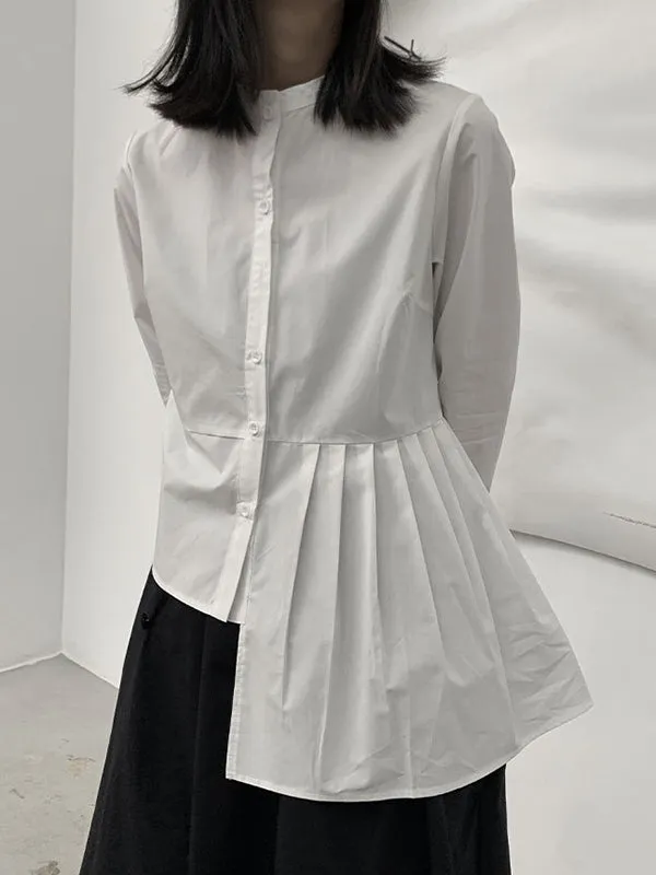 Asymmetric Buttoned Pleated Solid Color Long Sleeves Round-Neck Blouses&Shirts Tops