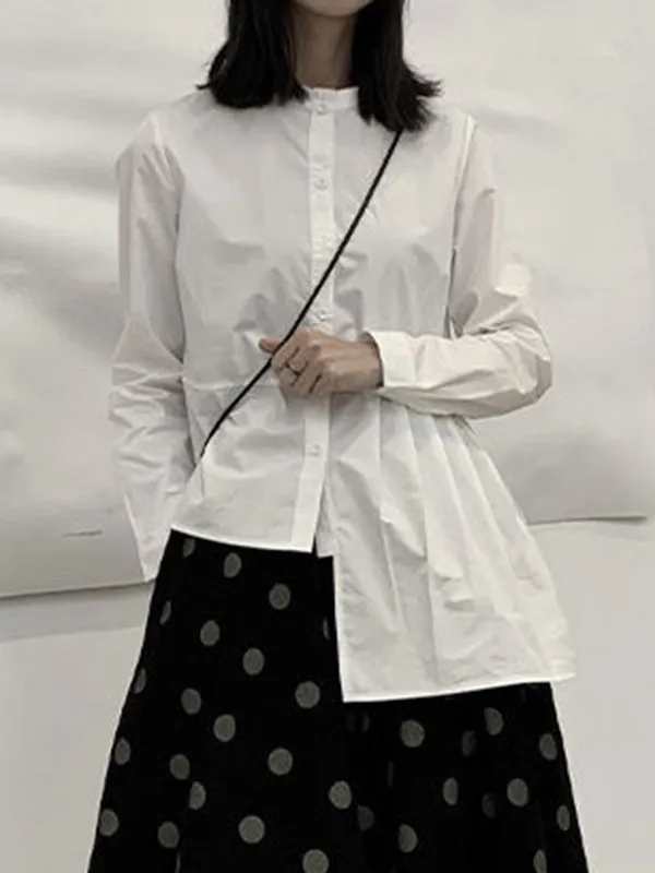 Asymmetric Buttoned Pleated Solid Color Long Sleeves Round-Neck Blouses&Shirts Tops