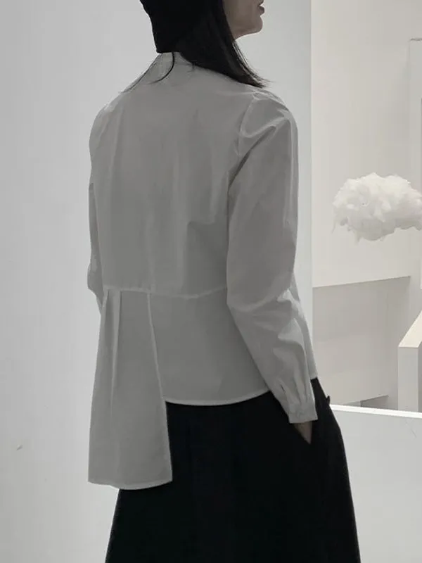 Asymmetric Buttoned Pleated Solid Color Long Sleeves Round-Neck Blouses&Shirts Tops