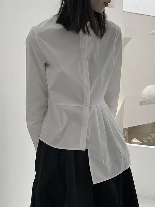 Asymmetric Buttoned Pleated Solid Color Long Sleeves Round-Neck Blouses&Shirts Tops