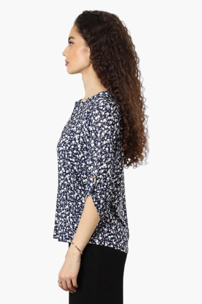 Beechers Brook Floral Roll Up Sleeve Henley Shirt - Navy