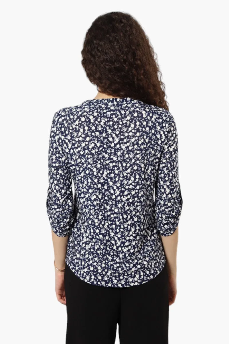 Beechers Brook Floral Roll Up Sleeve Henley Shirt - Navy