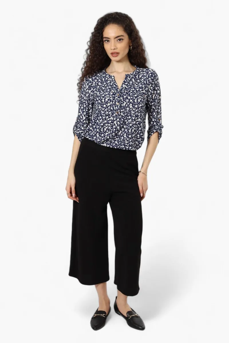 Beechers Brook Floral Roll Up Sleeve Henley Shirt - Navy