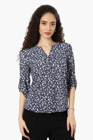 Beechers Brook Floral Roll Up Sleeve Henley Shirt - Navy