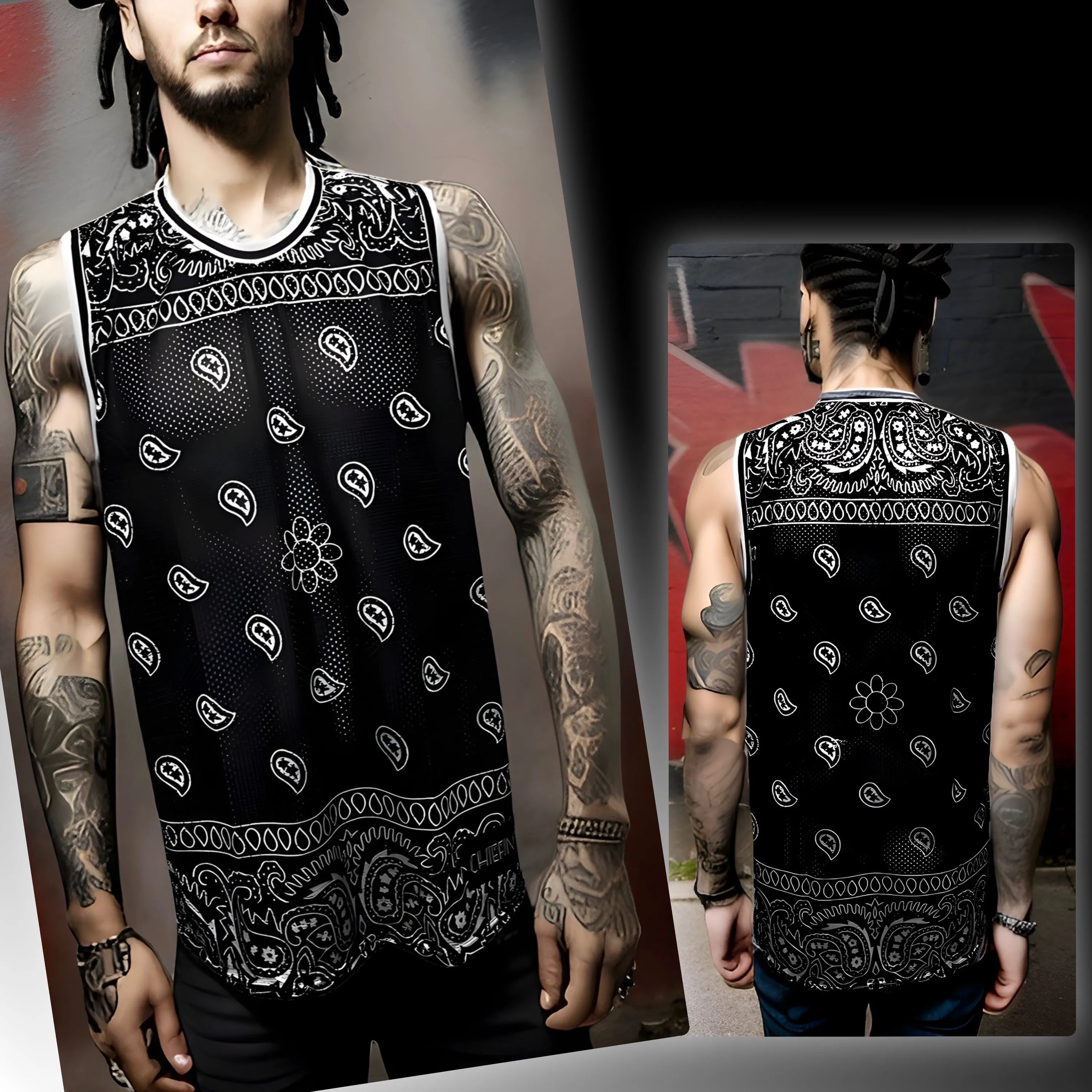 ^BLACK BANDANA^ (BLACK PAISLEY) MESH BASKETBALL JERSEYS (TALL BODY)