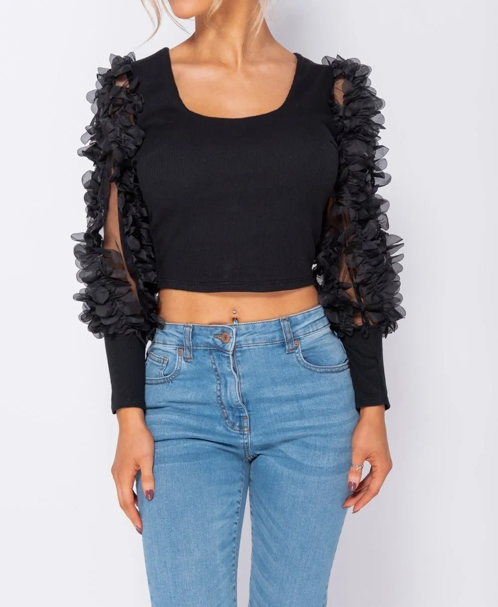Black Sheer Frill Sleeve Scoop Neck Cropped Rib Knit Top