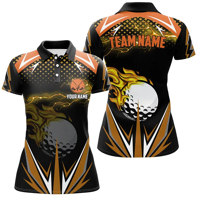 Black Womens Golf Polo Shirts Custom Multi Color Fire Lightning Team Golf Jerseys, Golf Attire For Ladies