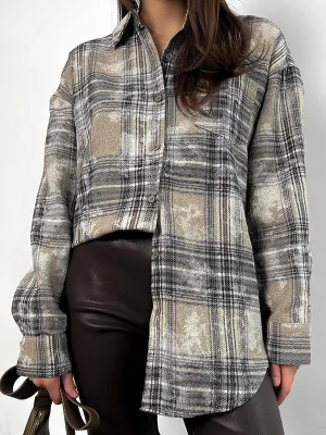 Buttoned Plaid Pockets Long Sleeves Loose Lapel Blouses&Shirts Tops