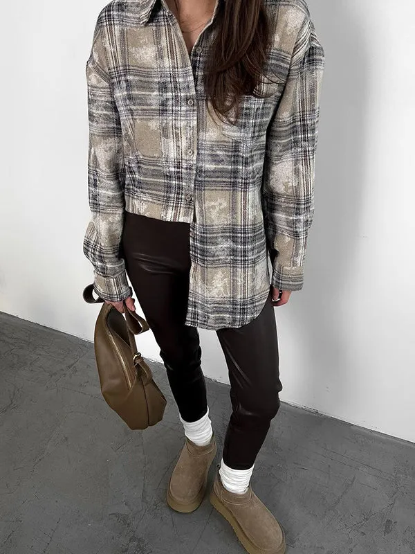 Buttoned Plaid Pockets Long Sleeves Loose Lapel Blouses&Shirts Tops