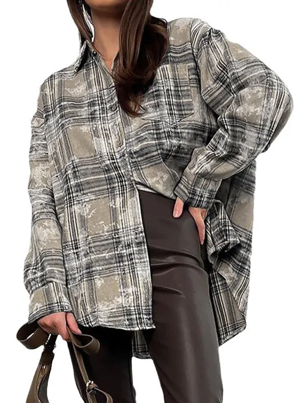 Buttoned Plaid Pockets Long Sleeves Loose Lapel Blouses&Shirts Tops