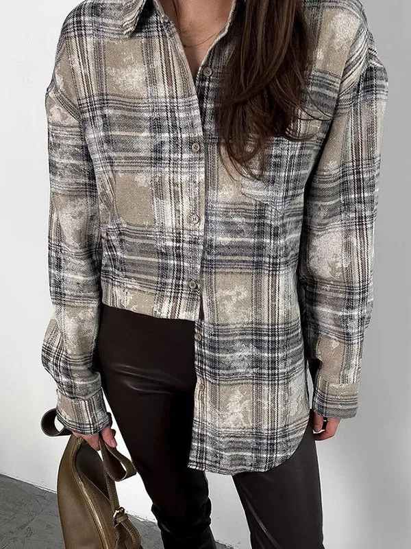 Buttoned Plaid Pockets Long Sleeves Loose Lapel Blouses&Shirts Tops