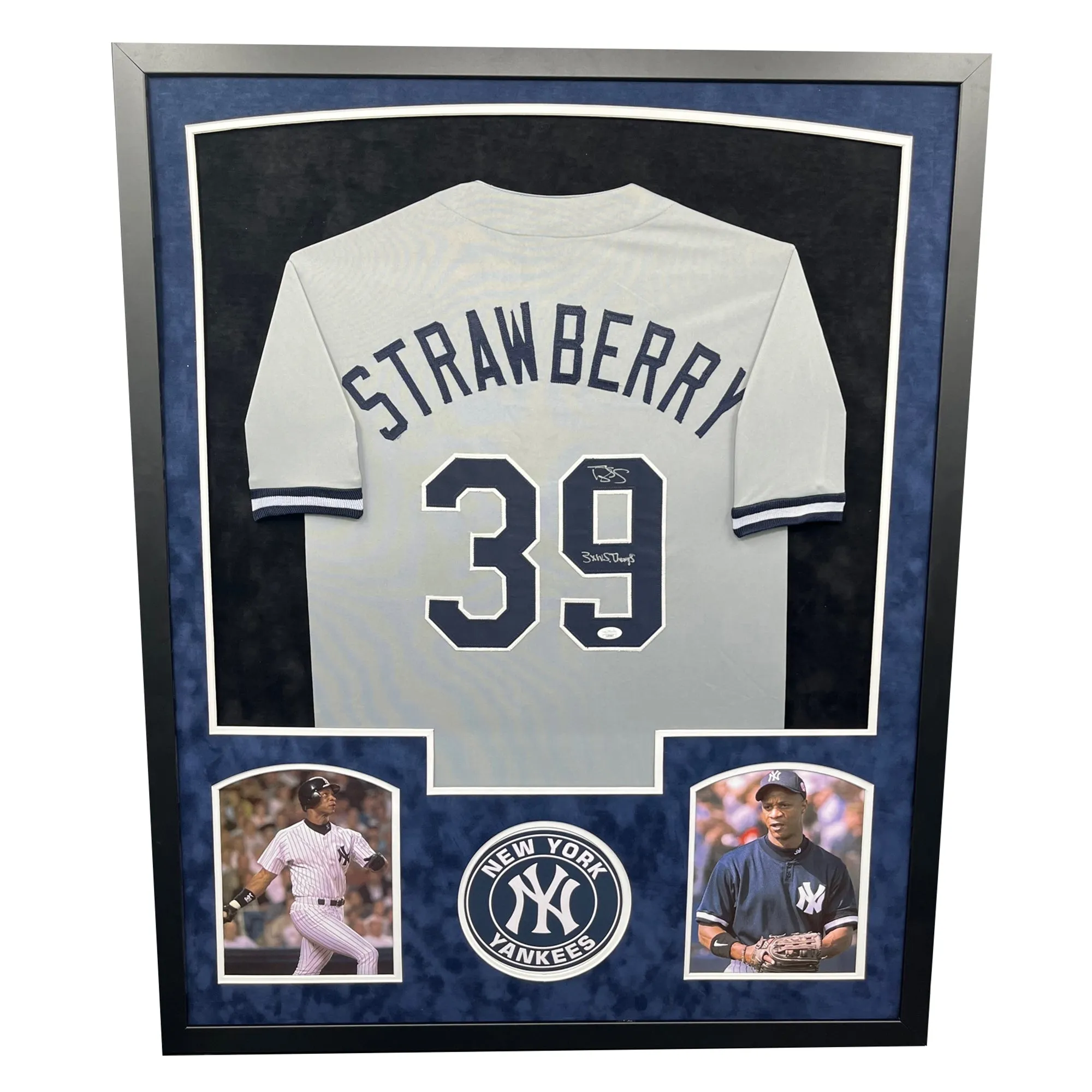Darryl Strawberry Signed 3X WS Champs New York Gray Custom Double-Suede Framed baseball Jersey (JSA)