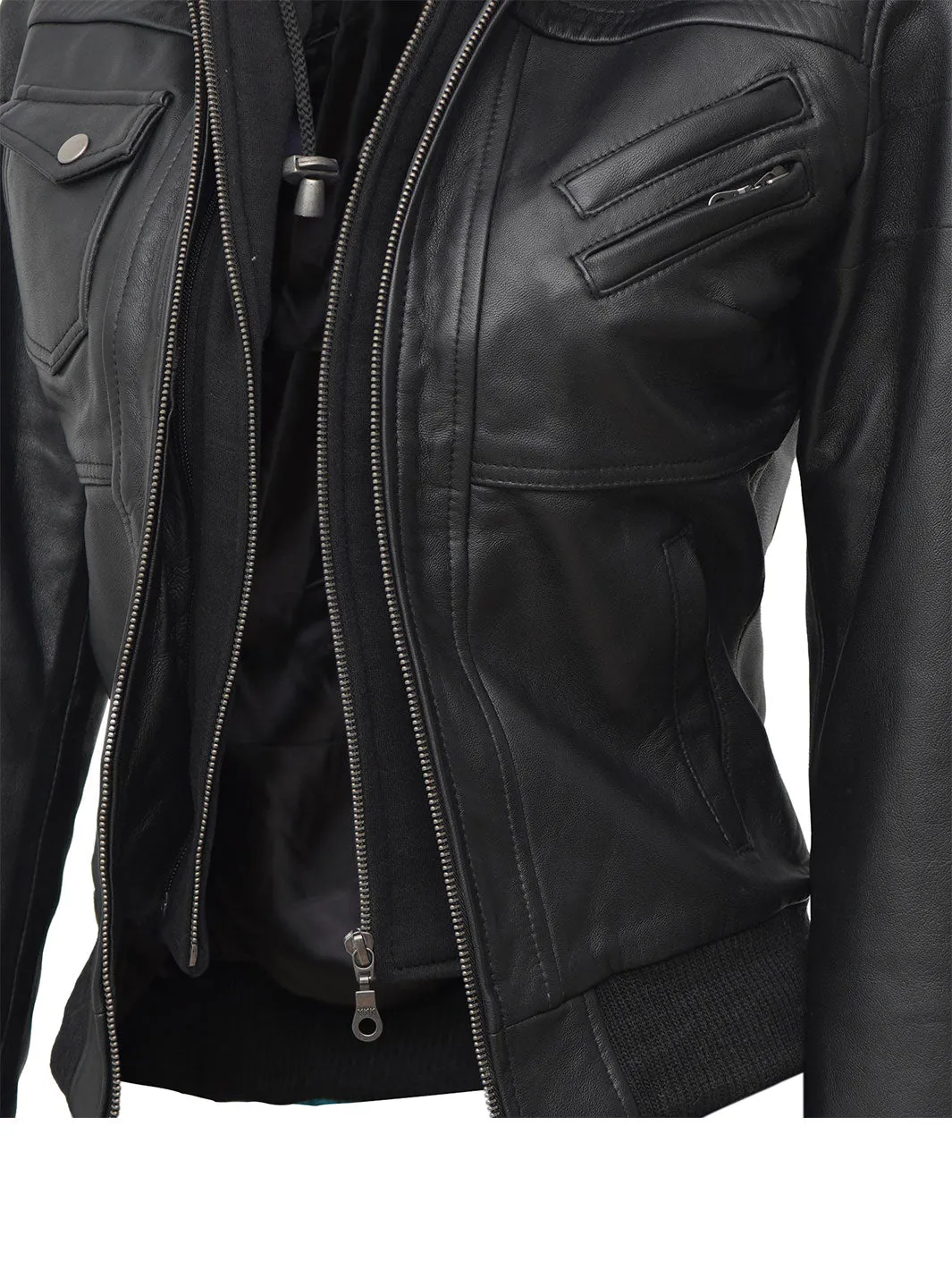 Edinburgh Tall Womens Black Hooded Leather Jacket