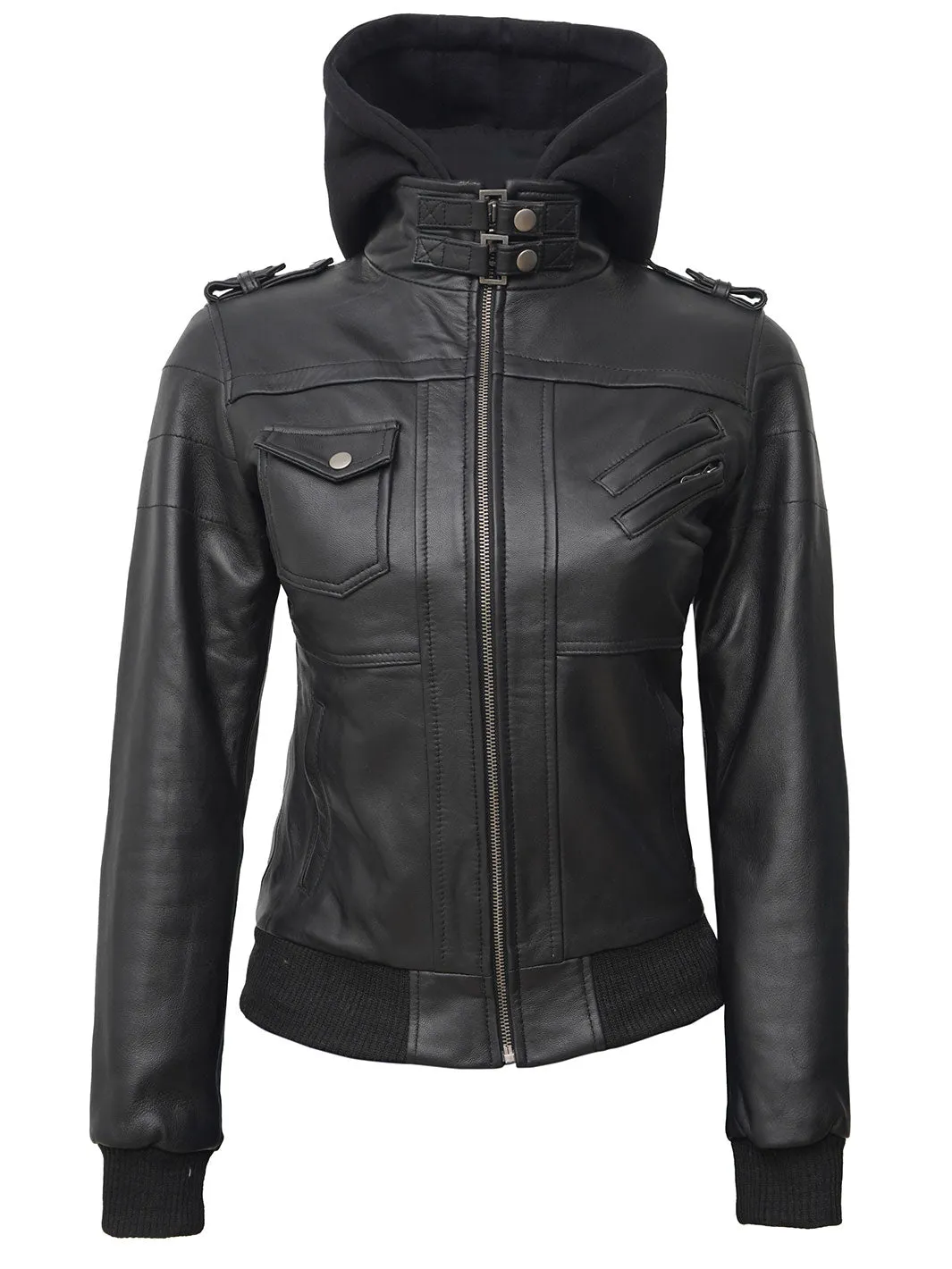 Edinburgh Tall Womens Black Hooded Leather Jacket