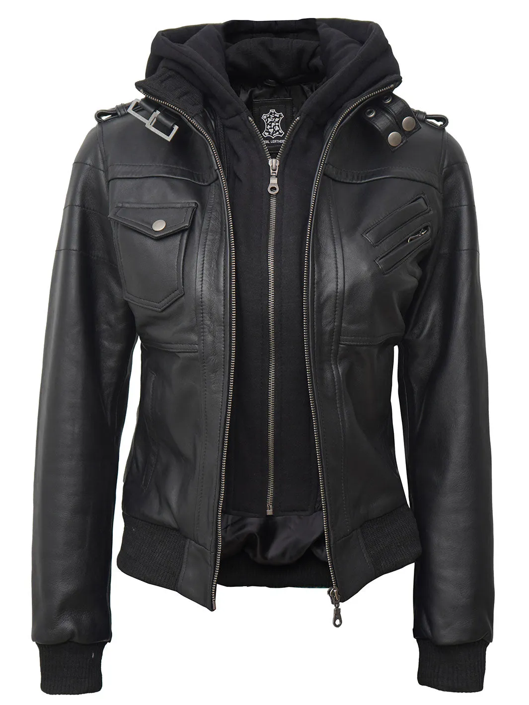 Edinburgh Tall Womens Black Hooded Leather Jacket