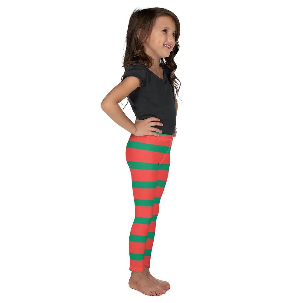 Elf Red Green Striped Kids Girls Leggings (2T-7), Christmas Party Santa Xmas Holiday Costume Printed Graphic Yoga Pants Cute Workout