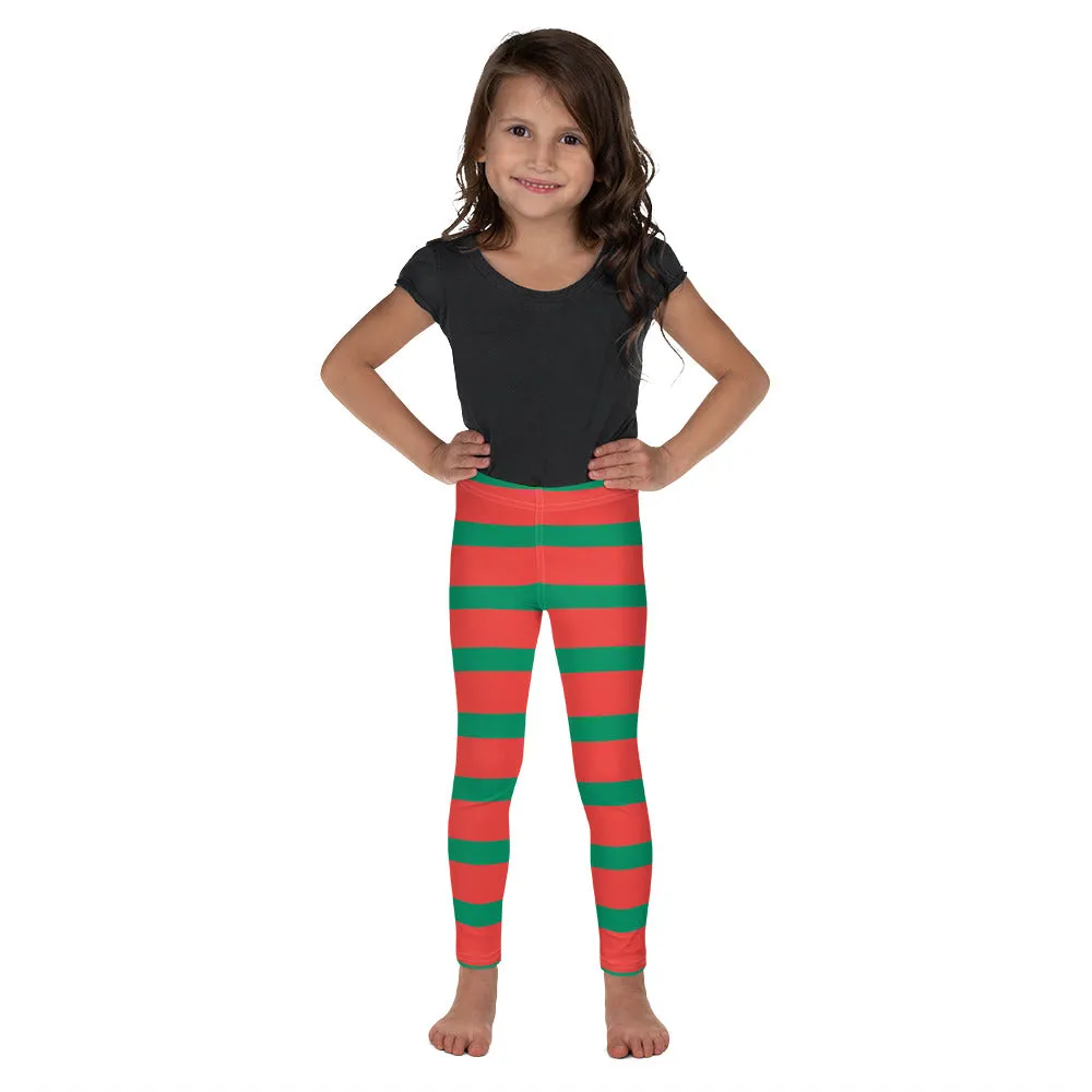 Elf Red Green Striped Kids Girls Leggings (2T-7), Christmas Party Santa Xmas Holiday Costume Printed Graphic Yoga Pants Cute Workout