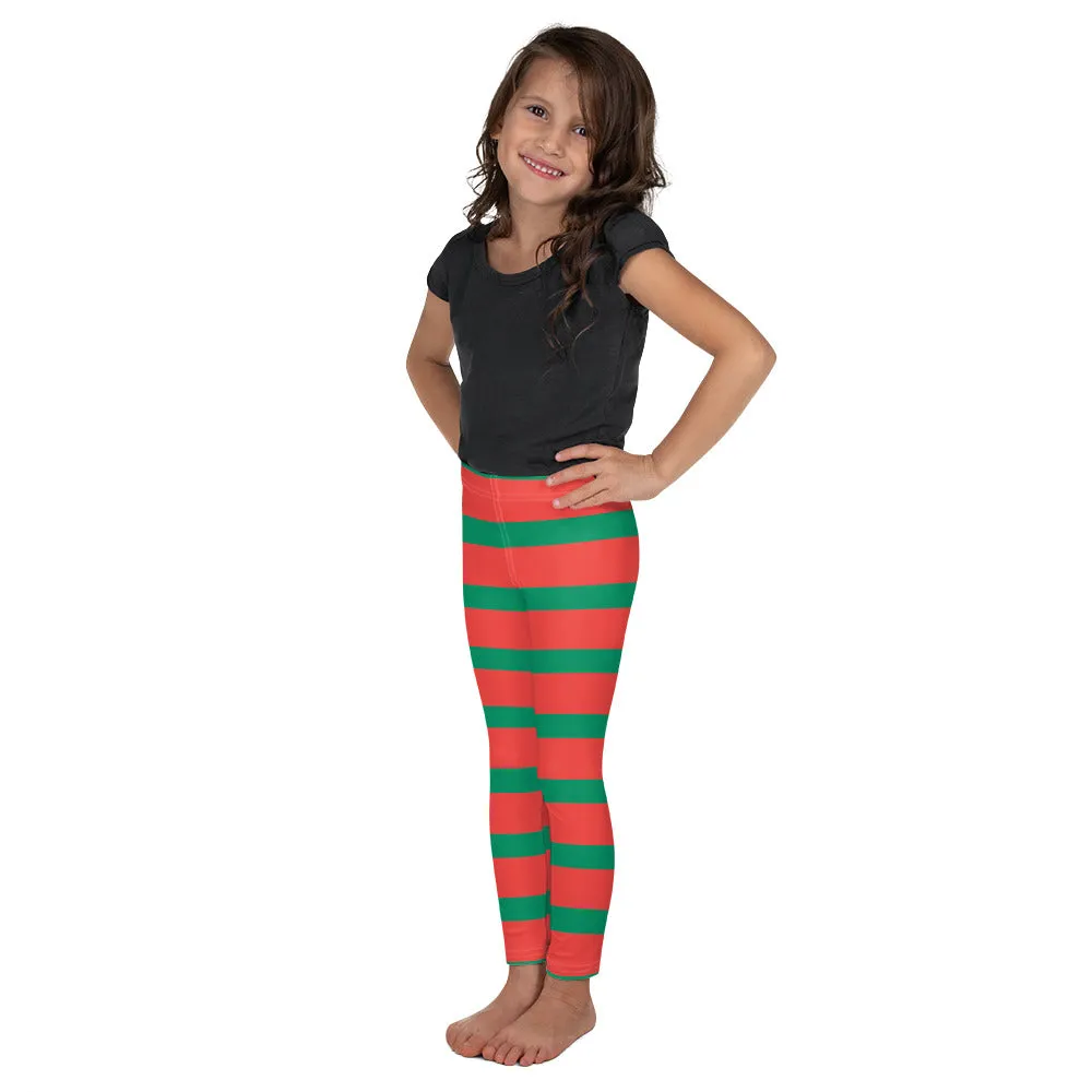 Elf Red Green Striped Kids Girls Leggings (2T-7), Christmas Party Santa Xmas Holiday Costume Printed Graphic Yoga Pants Cute Workout