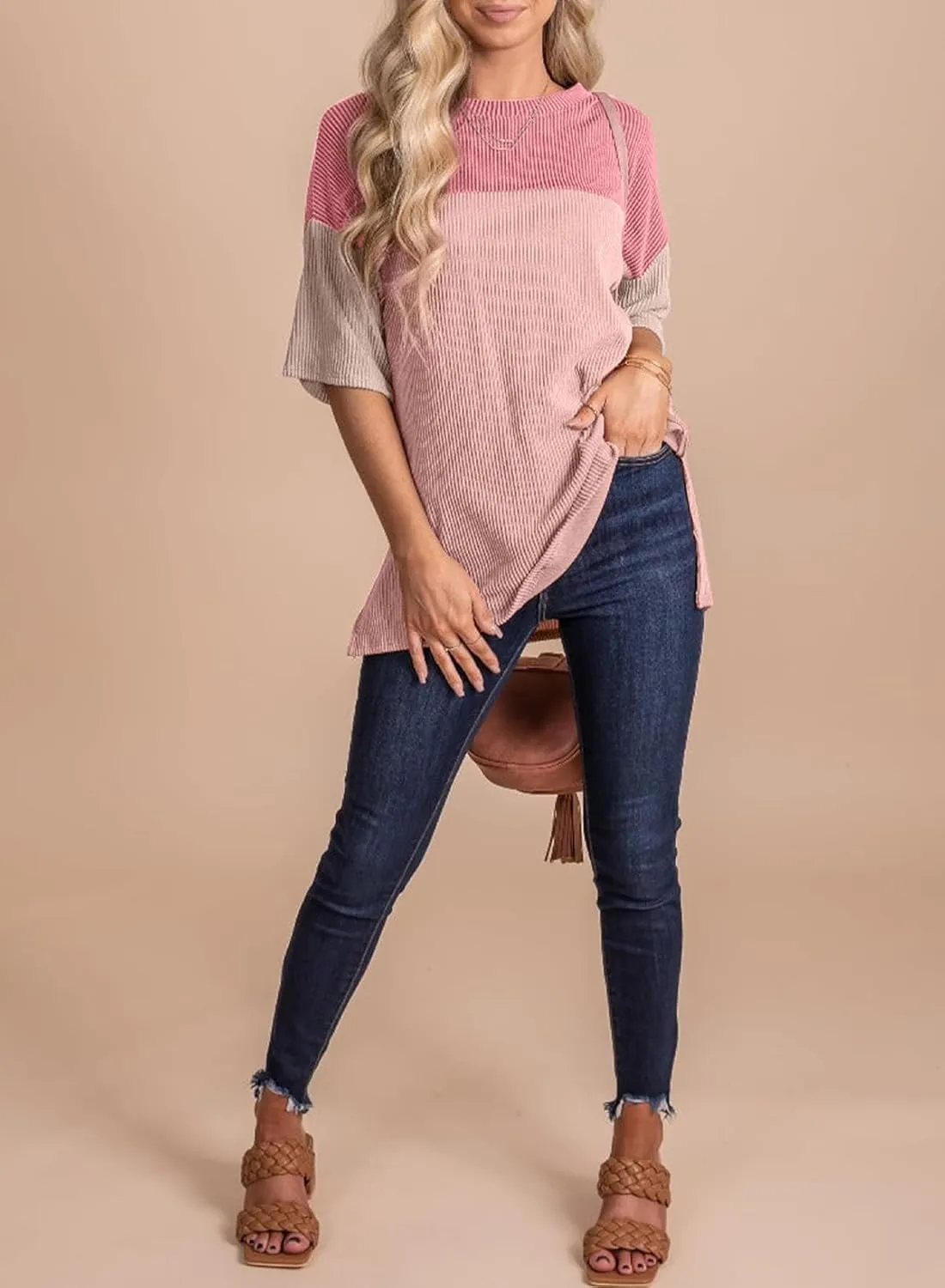 EVALESS Womens Summer Short Sleeve Crewneck Shirts Tops Color Block Lightweight Tee Shirt Top