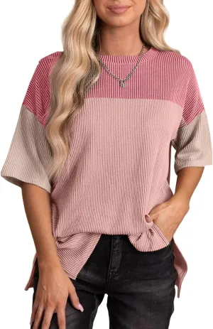 EVALESS Womens Summer Short Sleeve Crewneck Shirts Tops Color Block Lightweight Tee Shirt Top