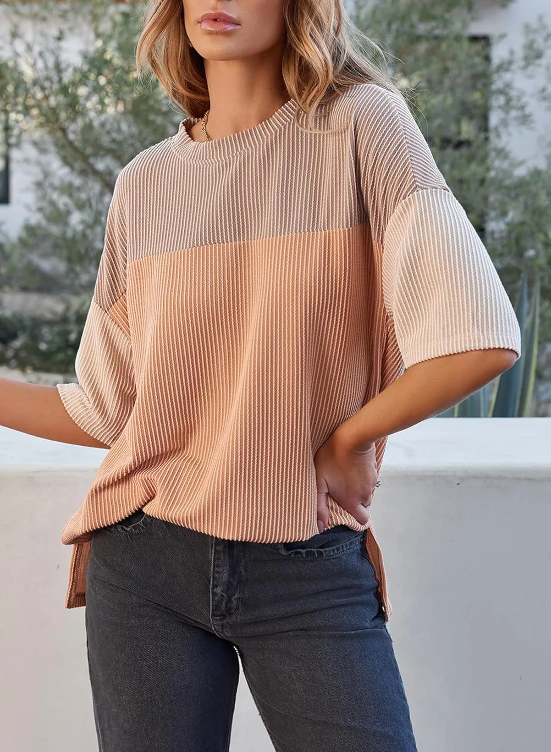 EVALESS Womens Summer Short Sleeve Crewneck Shirts Tops Color Block Lightweight Tee Shirt Top