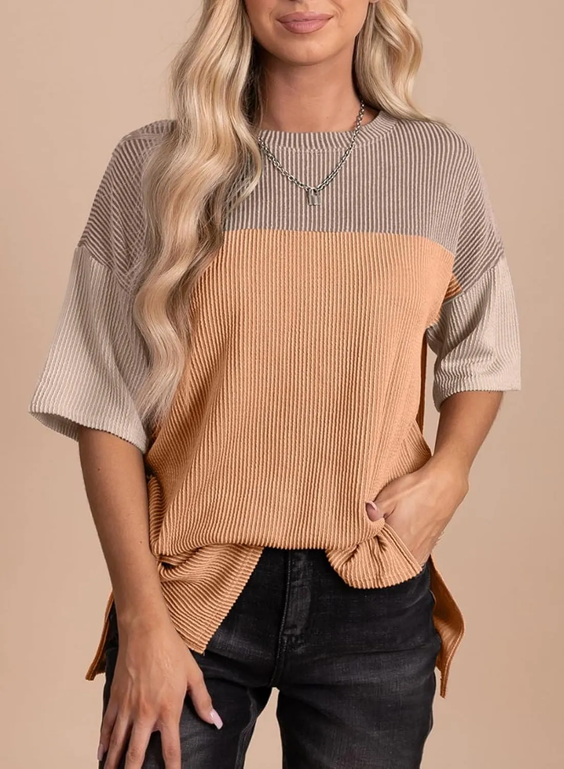EVALESS Womens Summer Short Sleeve Crewneck Shirts Tops Color Block Lightweight Tee Shirt Top
