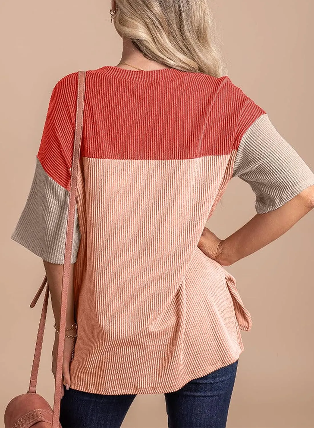 EVALESS Womens Summer Short Sleeve Crewneck Shirts Tops Color Block Lightweight Tee Shirt Top