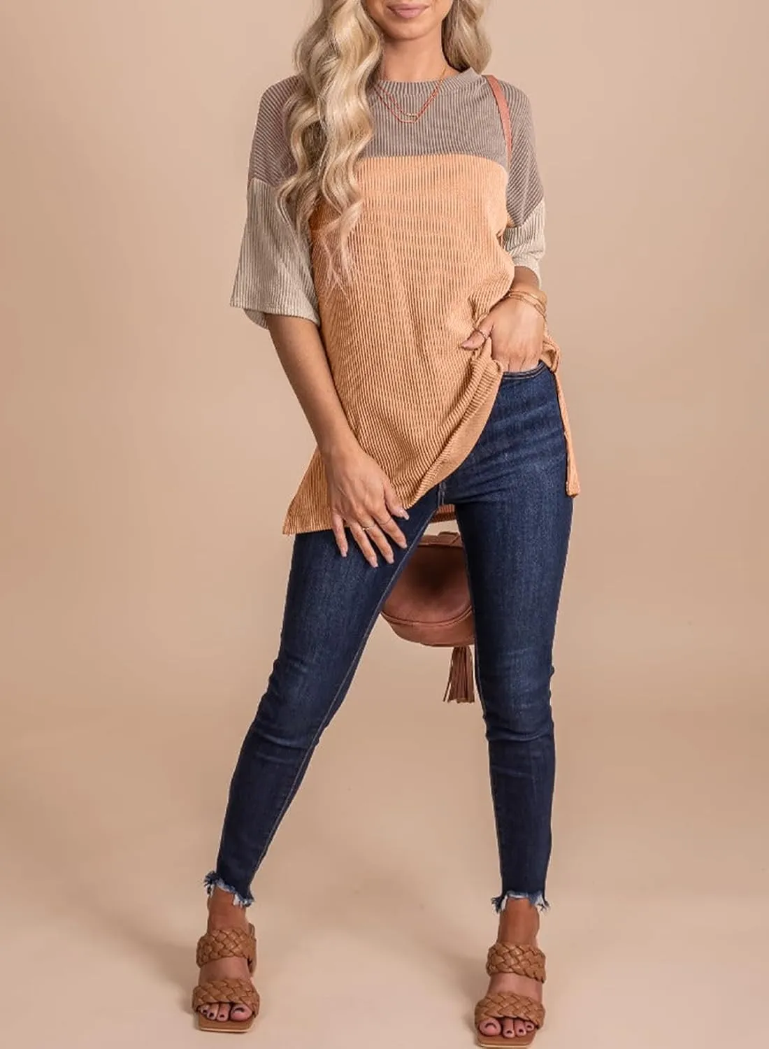 EVALESS Womens Summer Short Sleeve Crewneck Shirts Tops Color Block Lightweight Tee Shirt Top
