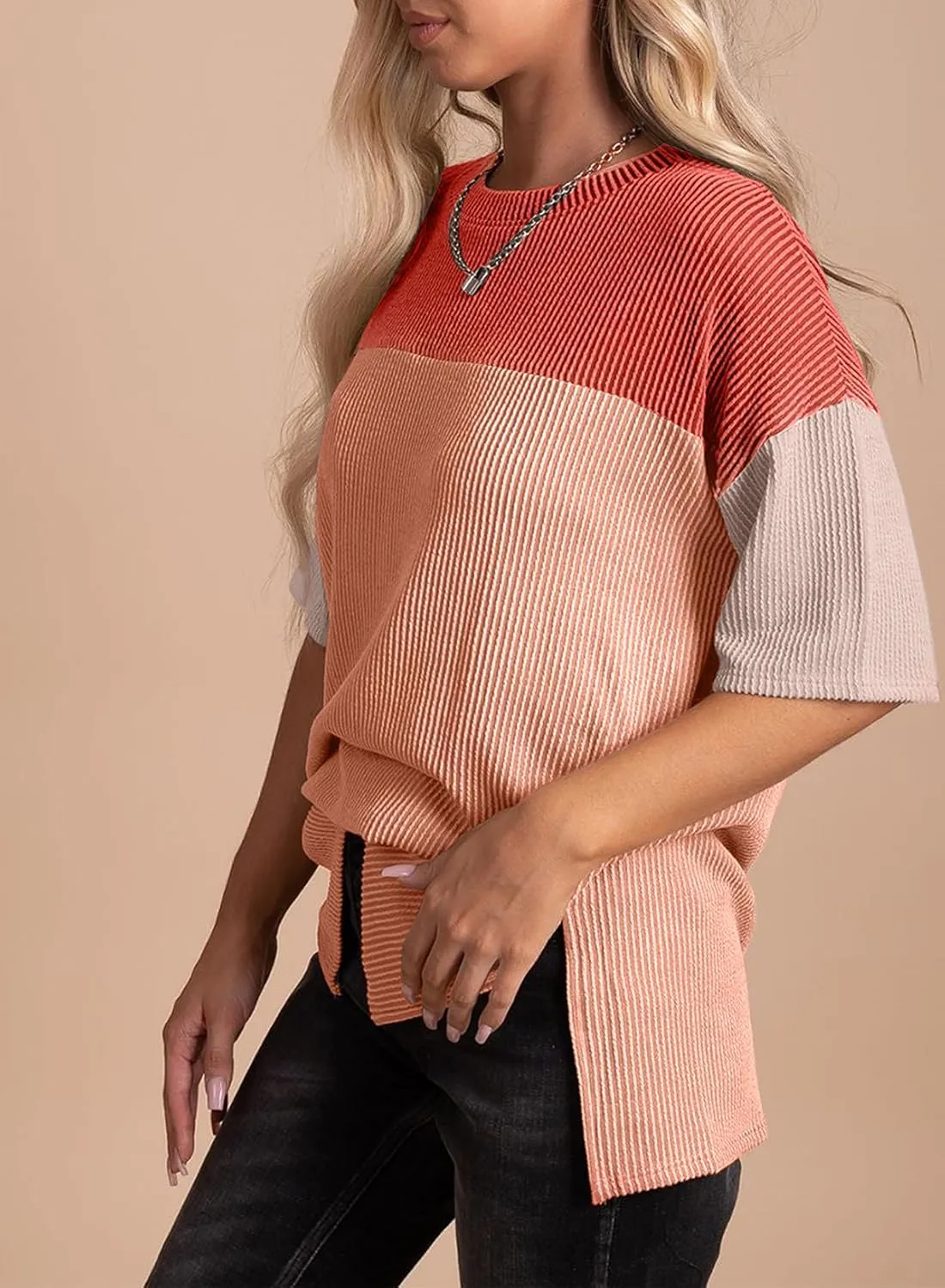 EVALESS Womens Summer Short Sleeve Crewneck Shirts Tops Color Block Lightweight Tee Shirt Top