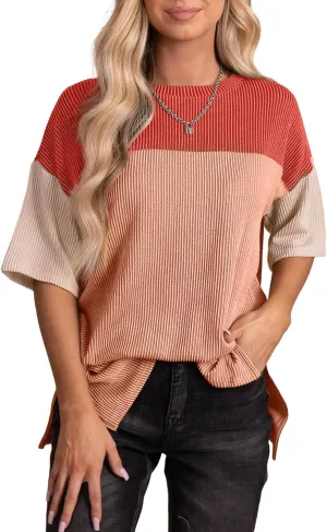 EVALESS Womens Summer Short Sleeve Crewneck Shirts Tops Color Block Lightweight Tee Shirt Top