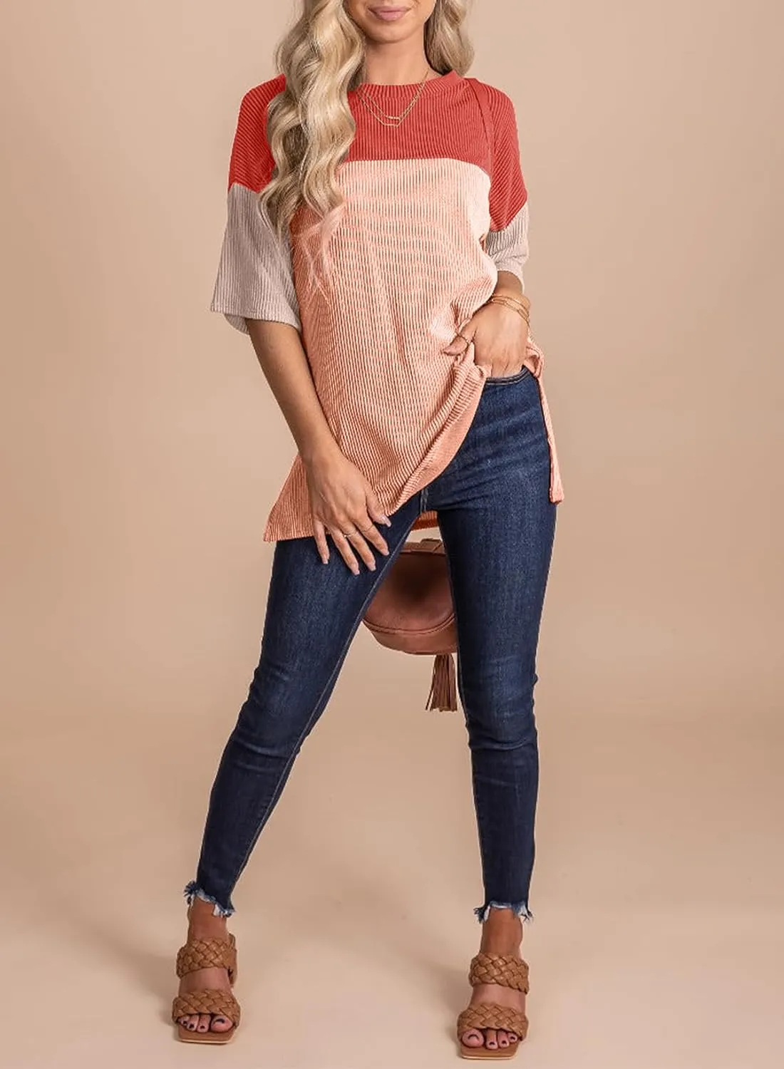 EVALESS Womens Summer Short Sleeve Crewneck Shirts Tops Color Block Lightweight Tee Shirt Top