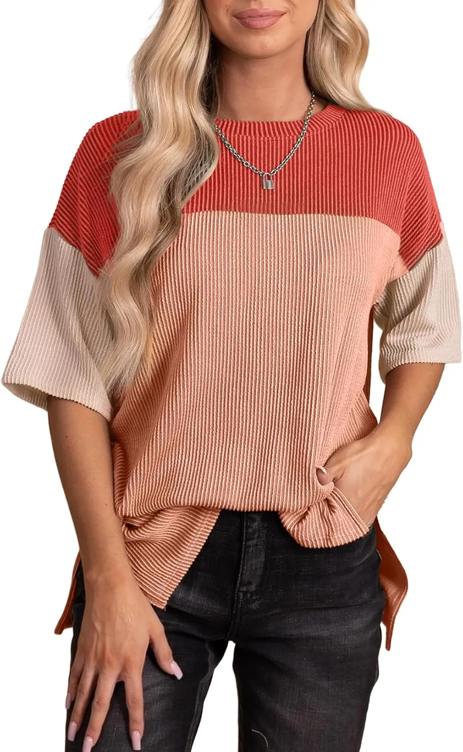 EVALESS Womens Summer Short Sleeve Crewneck Shirts Tops Color Block Lightweight Tee Shirt Top