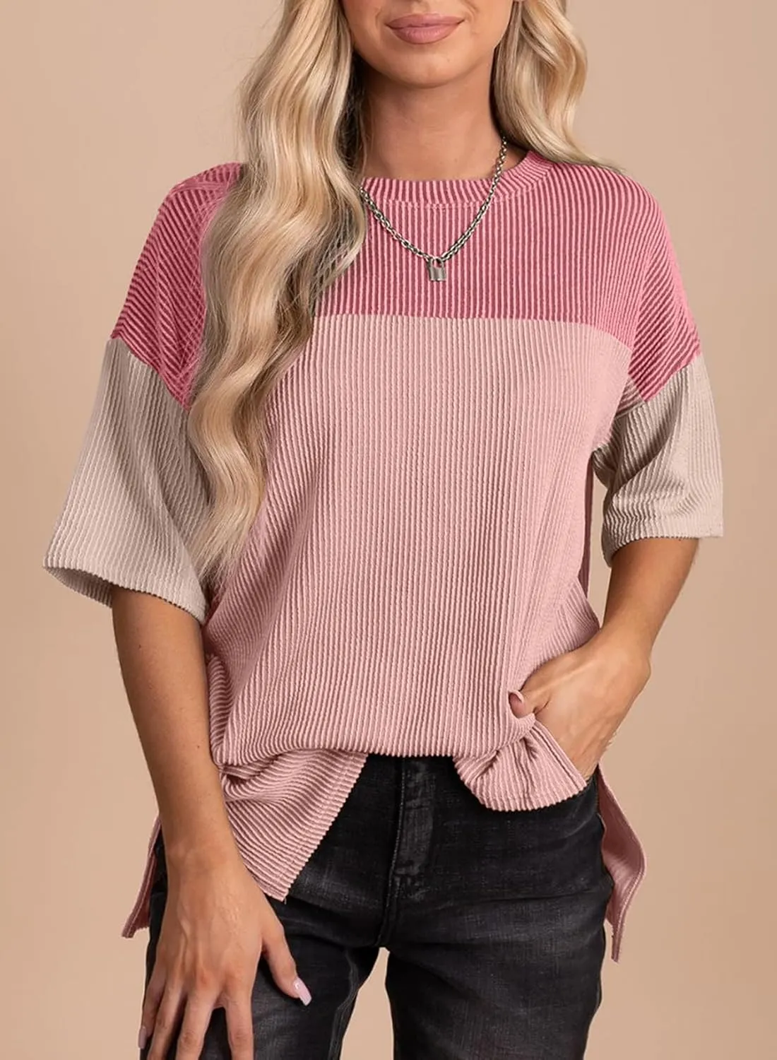 EVALESS Womens Summer Short Sleeve Crewneck Shirts Tops Color Block Lightweight Tee Shirt Top