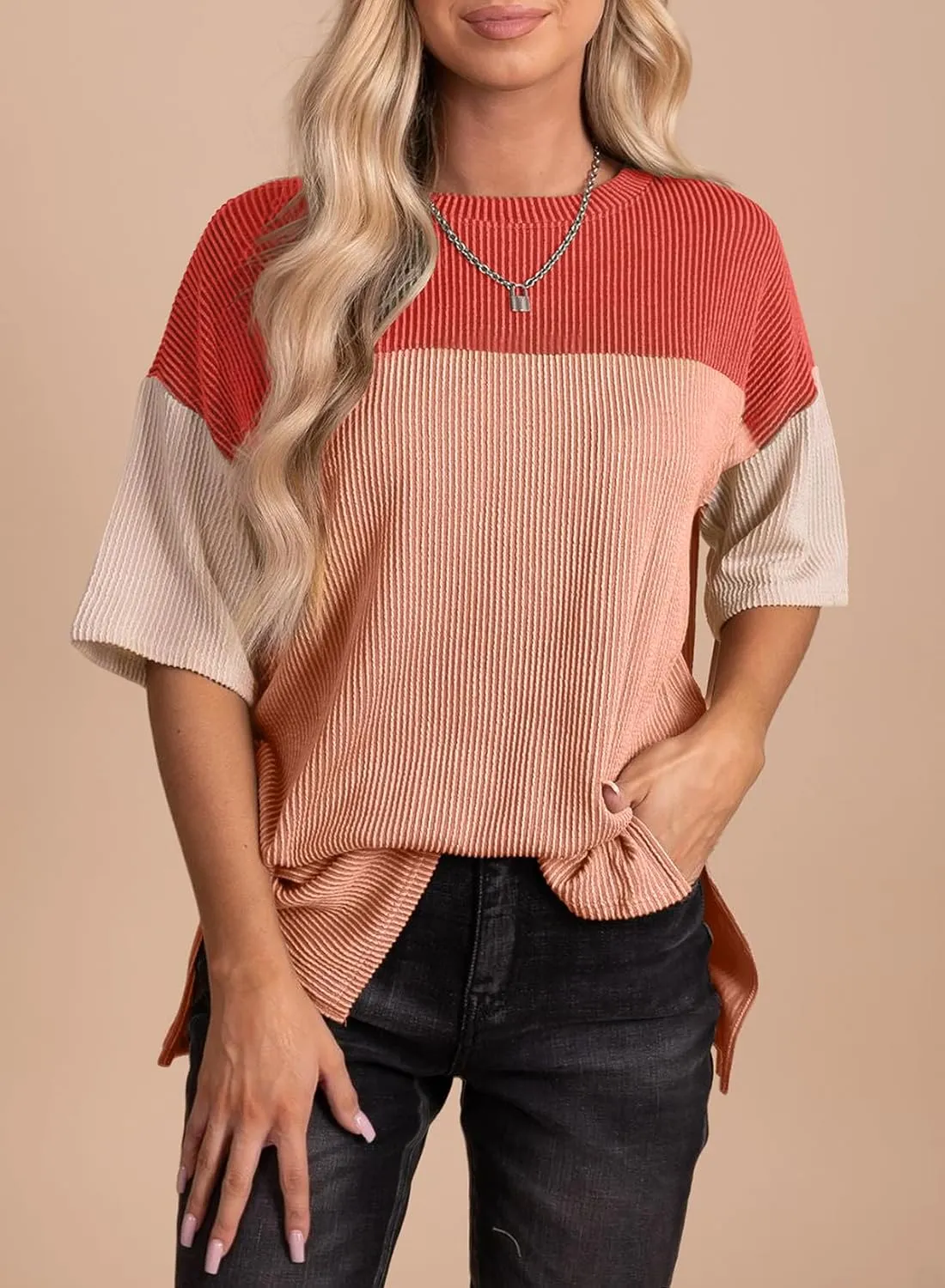 EVALESS Womens Summer Short Sleeve Crewneck Shirts Tops Color Block Lightweight Tee Shirt Top