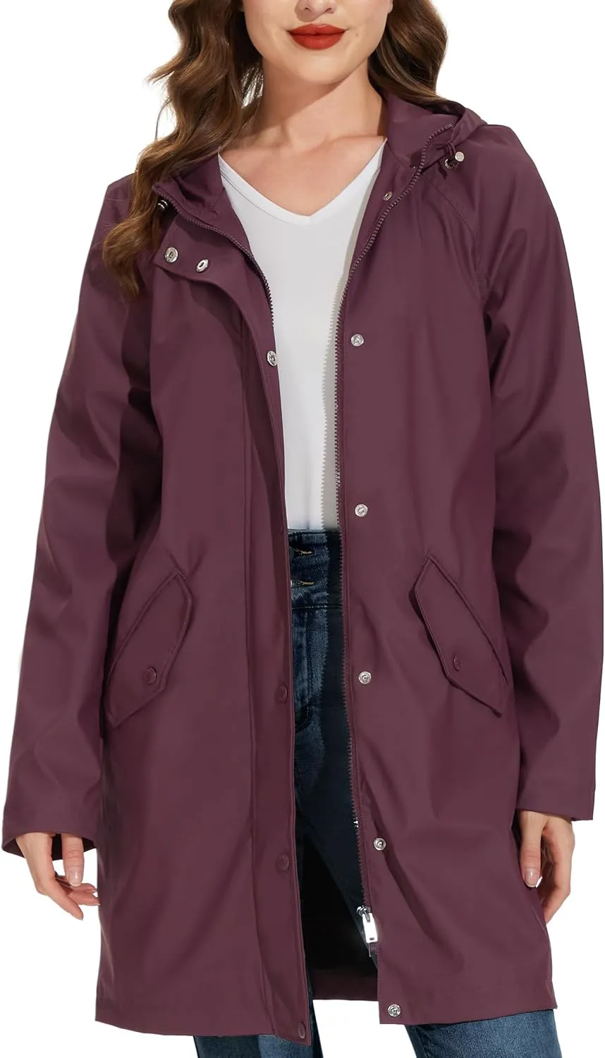 Fahsyee Raincoat Women, Rain Jacket Waterproof Coat Hooded Windbreaker Outdoor Long Active