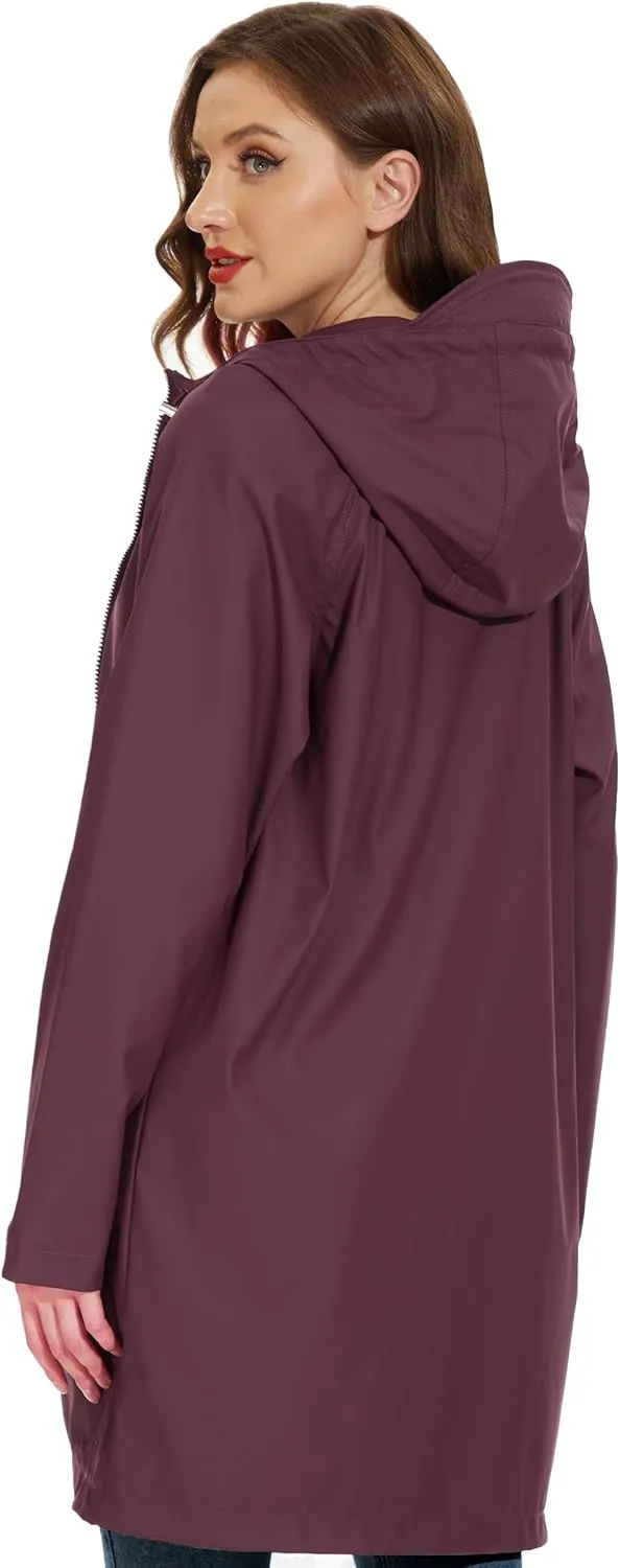 Fahsyee Raincoat Women, Rain Jacket Waterproof Coat Hooded Windbreaker Outdoor Long Active