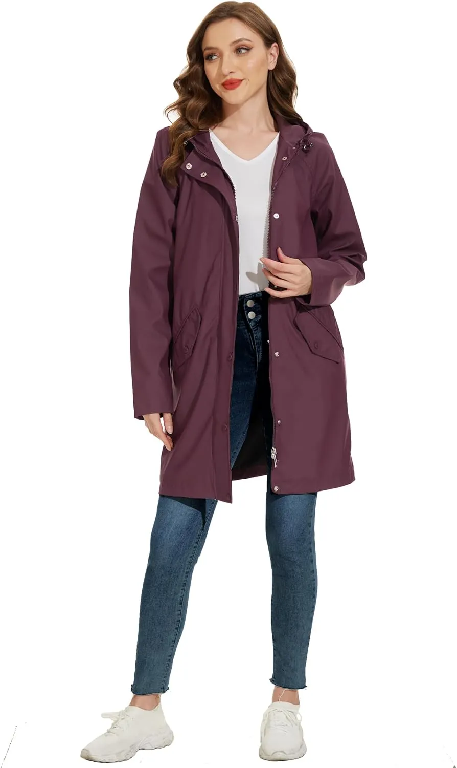 Fahsyee Raincoat Women, Rain Jacket Waterproof Coat Hooded Windbreaker Outdoor Long Active