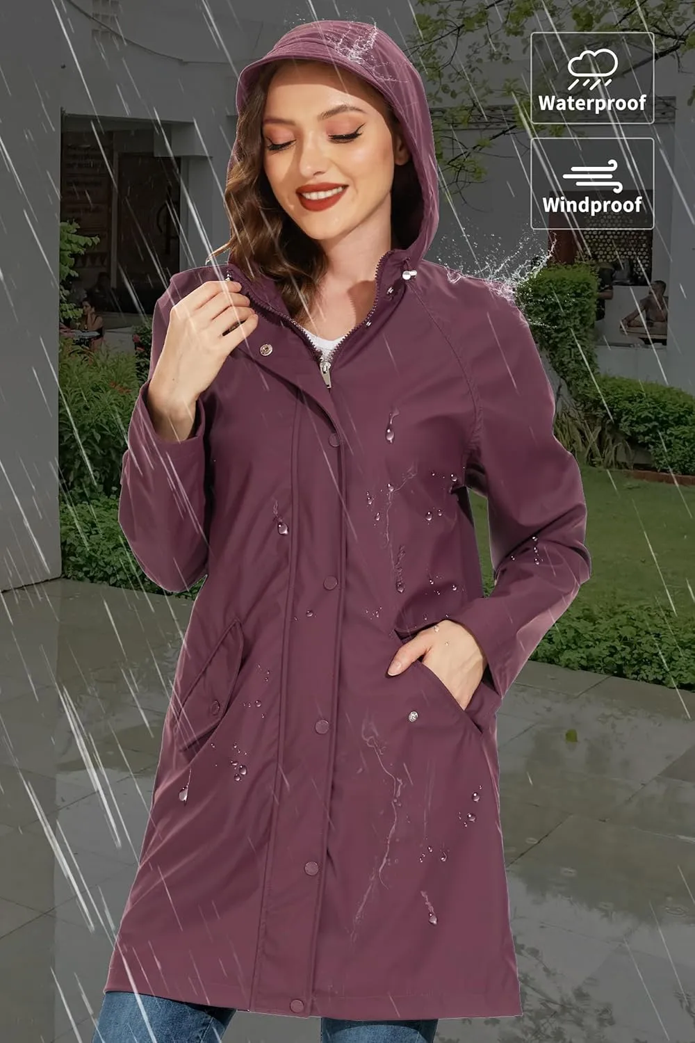 Fahsyee Raincoat Women, Rain Jacket Waterproof Coat Hooded Windbreaker Outdoor Long Active