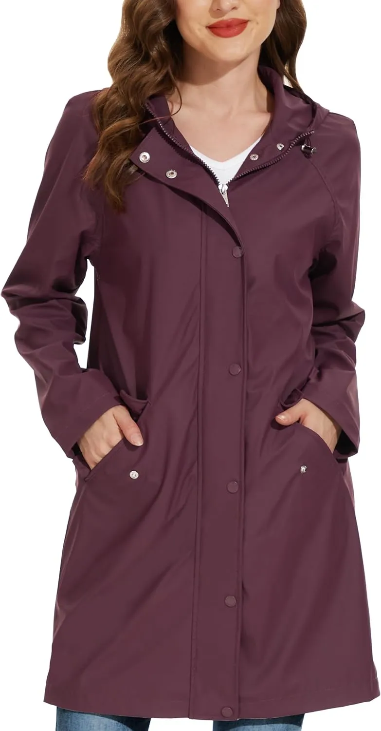 Fahsyee Raincoat Women, Rain Jacket Waterproof Coat Hooded Windbreaker Outdoor Long Active