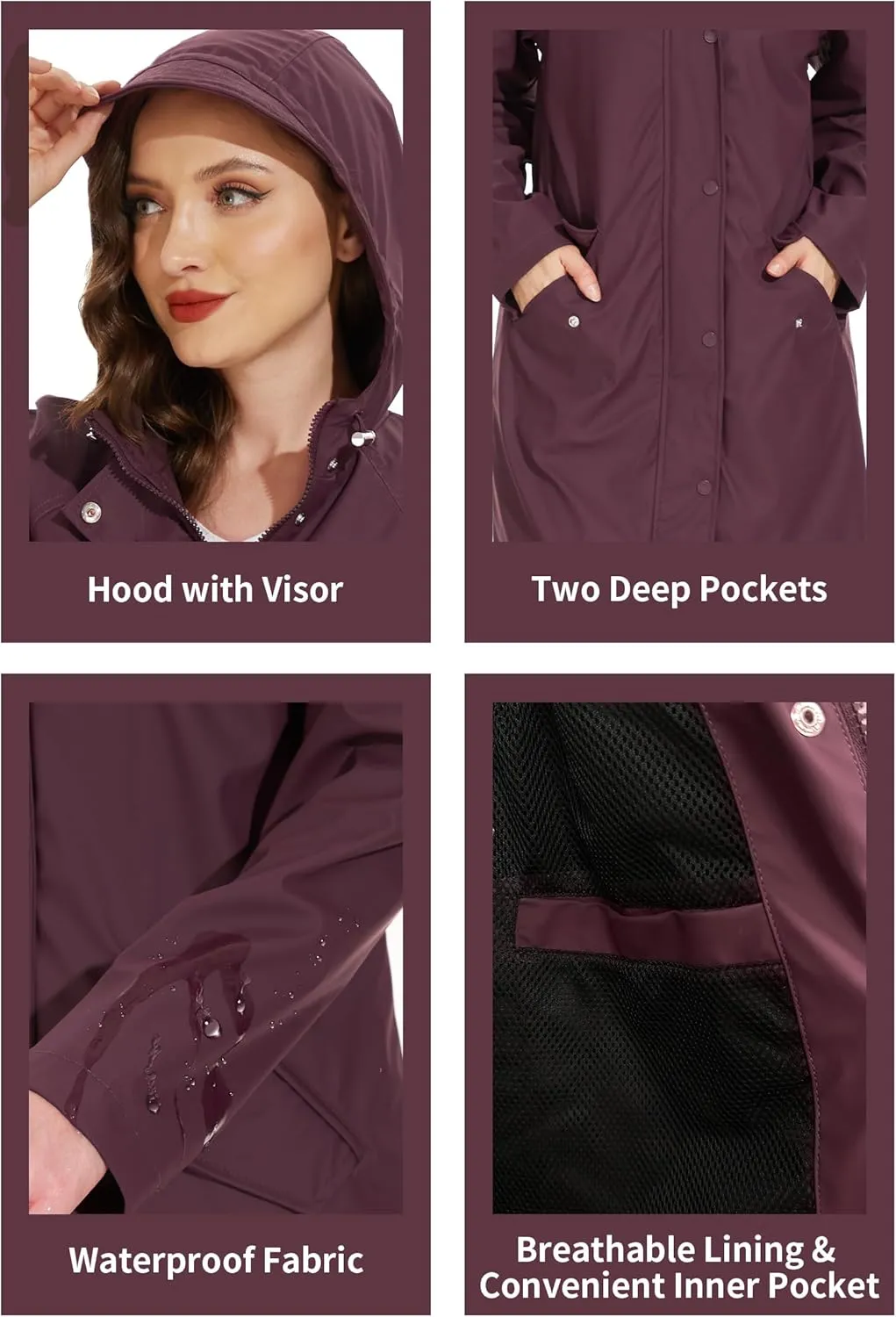 Fahsyee Raincoat Women, Rain Jacket Waterproof Coat Hooded Windbreaker Outdoor Long Active