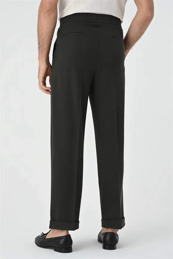 Men's Khaki Buckle Detailed Pleated High Waist Trousers