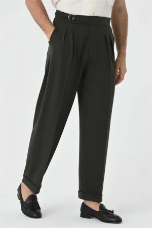 Men's Khaki Buckle Detailed Pleated High Waist Trousers