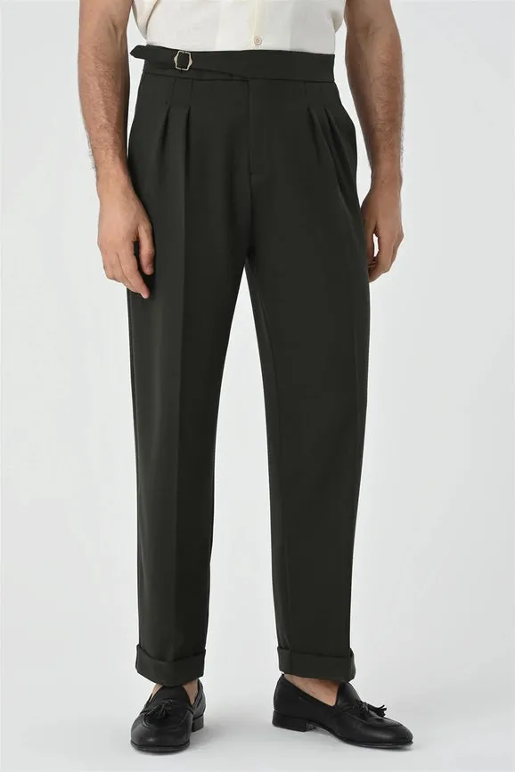 Men's Khaki Buckle Detailed Pleated High Waist Trousers