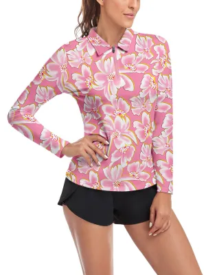 Pink Floral Long-sleeve Golf Shirt for Women