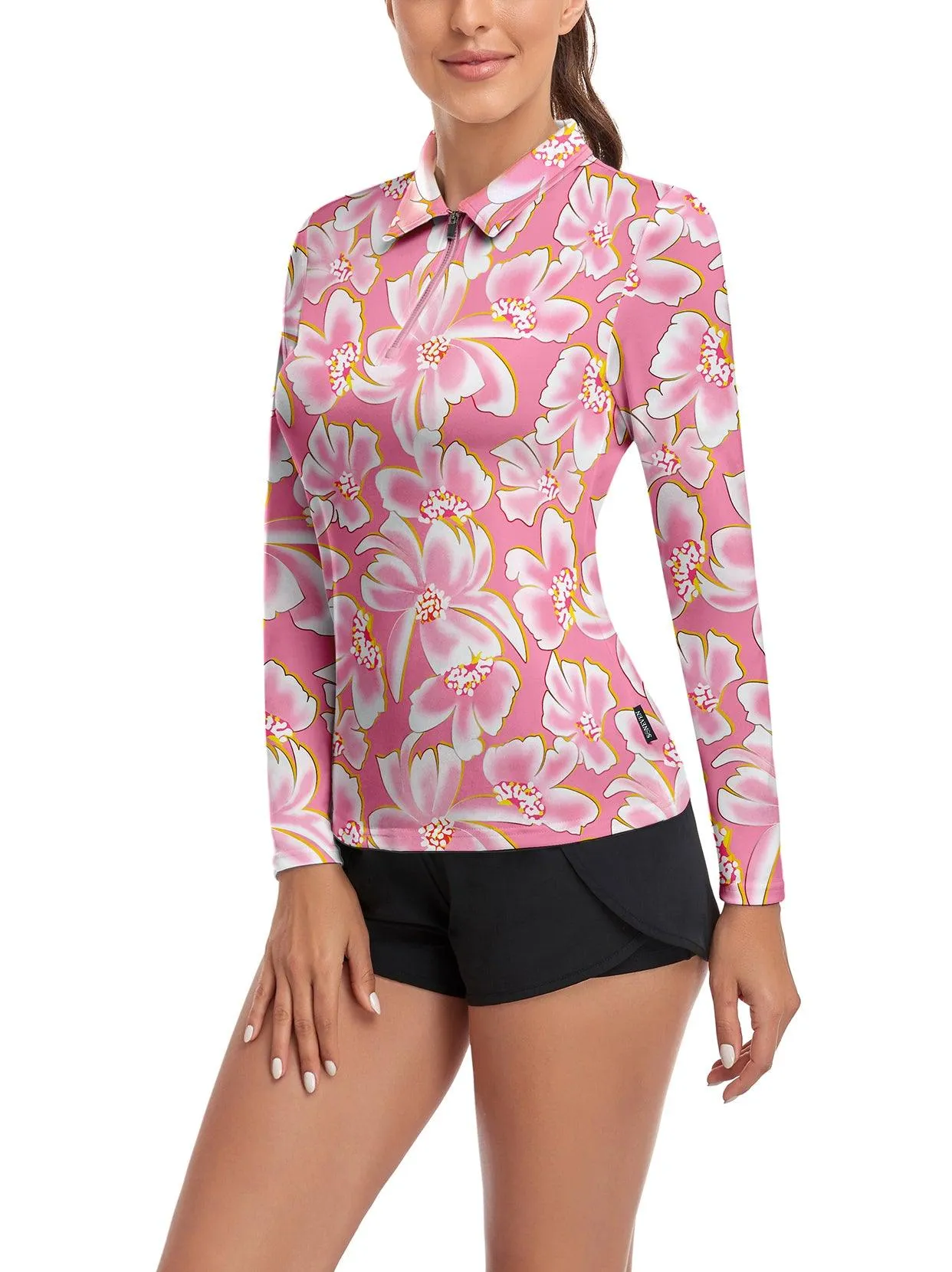 Pink Floral Long-sleeve Golf Shirt for Women