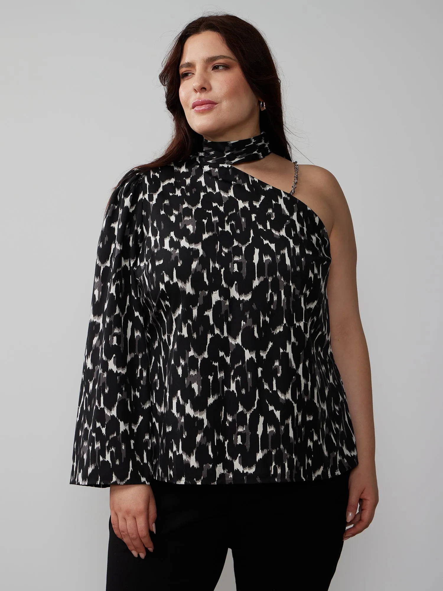 Plus One Shoulder Animal Print Blouse