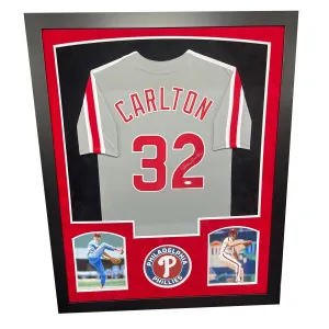 Steve Carlton Signed Philadelphia Gray Custom Double-Suede Framed baseball Jersey (JSA)